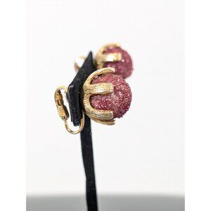 Vintage Raspberry Pink‎ Sugared Round Clip On Earrings Gold Tone MCM Bold